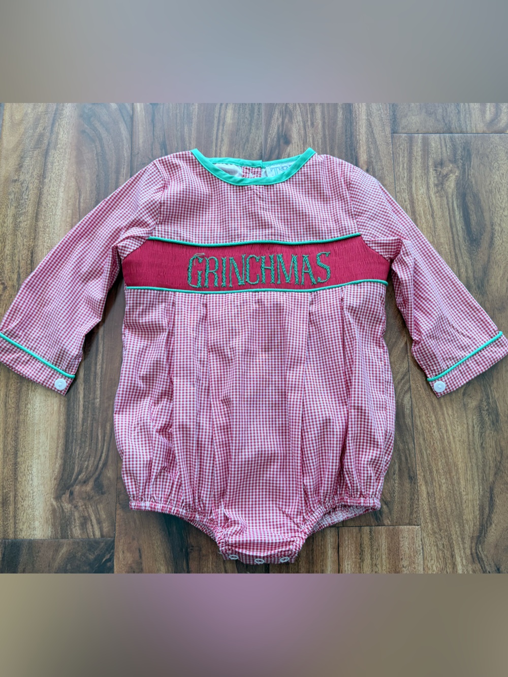 The Smocked Bear Red Gingham Grinchmas Smocked Christmas Bubble Romper 12 Mos
